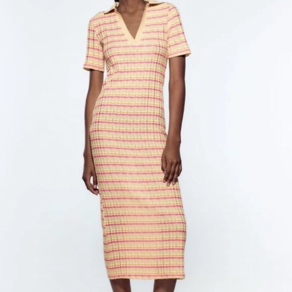 NWT Zara Striped Ribbed Knit Polo Collar Midi Dress L